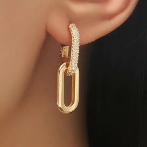 Dangle Chain Double Link Gold and Diamond Crystal Pave Earrings New